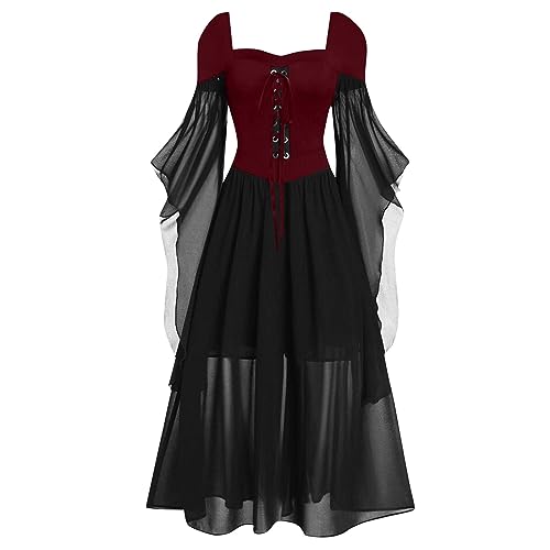 XIADUOBAAN Gothic Kleid Damen Lang Tüll Halloween Kleid Damen Langarm U Ausschnitt Fledermausärmel Verbandkleid Herbst üBerkreuzte Schnürung Karneval Party Halloween Kostüm Damen Schulterfrei Leicht von XIADUOBAAN