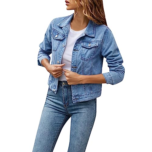 XIADUOBAAN Jeansjacke Damen Kurz Locker Freizeit Jacke Langarm mit Knopfleiste Sweatjacke Damen Umlegekragen Mantel Damen Jeans Einfarbig Jacke Damen Leicht Damenjacke Herbst mit Taschen von XIADUOBAAN