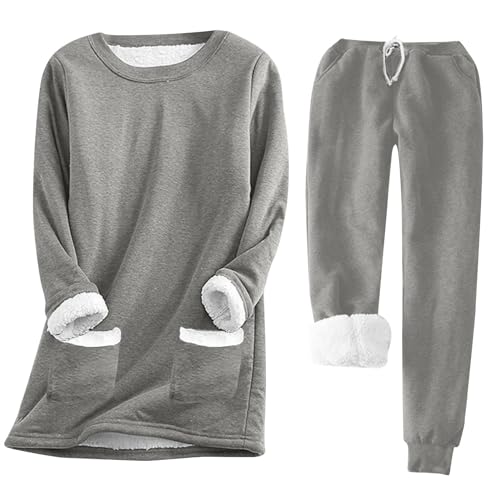 XIADUOBAAN Jogginganzug Damen Gefüttert Fleece 2 Teiler Trainingsanzug Damen Warm Winter Outdoor Hausanzug Damen Kuschelig Einfarbig Sweatshirt Damen Langarm Lang Jogginghose Damen Mit Taschen von XIADUOBAAN