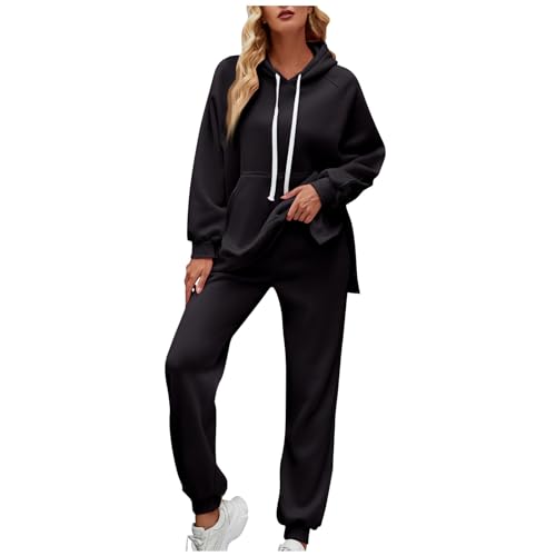 XIADUOBAAN Jogginganzug Damen Trainingsanzug Mit Kapuze 2-teilige Damen Jogginganzüge Elegant Set Langarm Mit Schlitz Sweatshirt Lang Sporthose Mit Taschen Hausanzug Damen Kuschelig Casual Einfarbig von XIADUOBAAN