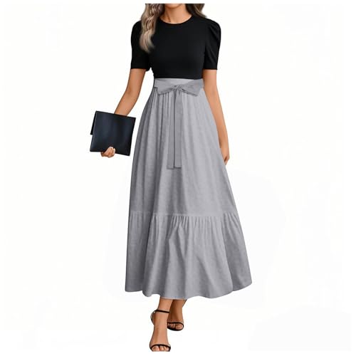 XIADUOBAAN Kleider Damen Sommer Lang Blumen Sommerkleider Leicht Und Luftig Rüschen Elegantes Damen Maxikleid Mit Kurzarm Und Taillenband Sommerkleid In Schwarz Und Rot Perfekt Für Büro Und Freizeit von XIADUOBAAN