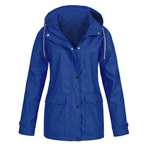 XIADUOBAAN Regenjacke Damen,Wasserdicht Atmungsaktiv Mit Kapuze Regenmantel Damen Warm Langarm Hüftlang Winterjacke Damen Reissverschluss Mit Knöpfen Übergangsjacke Damen Einfarbig mit Taschen von XIADUOBAAN