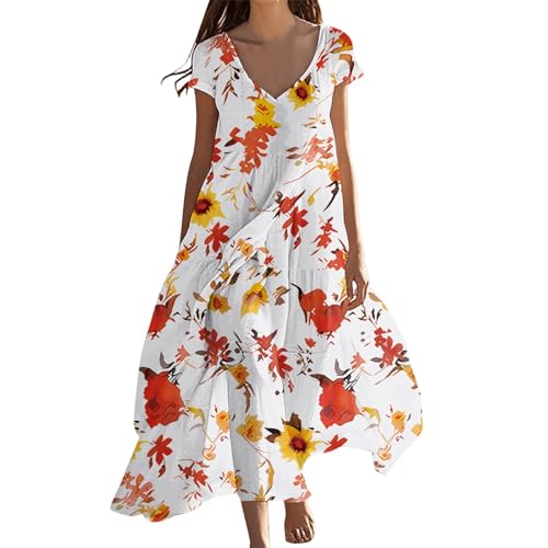 XIADUOBAAN Sommerkleid Damen Elegant Maxikleider Damen Sommer V Ausschnitt Kurzarm Blumenkleid Lockeres Sommerkleider Leicht Und Luftig Geblümt Strandkleid Lange Schwingendes Freizeit Kleider von XIADUOBAAN