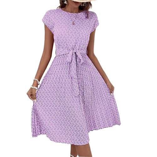 XIADUOBAAN Sommerkleid Damen Knielang Elegant Punkte Kleid Damen Sommer Kurzarm Sommerkleider Leicht Und Luftig Kleider Gepunktet Partykleid mit Gürtel Strandkleid Frauen Tailliert Plisseekleid von XIADUOBAAN
