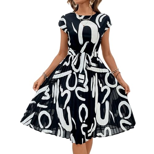 XIADUOBAAN Sommerkleid Damen Knielang Elegant Punkte Kleid Damen Sommer Kurzarm Sommerkleider Leicht Und Luftig Kleider Gepunktet Partykleid mit Gürtel Strandkleid Frauen Tailliert Plisseekleid von XIADUOBAAN