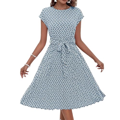 XIADUOBAAN Sommerkleid Damen Knielang Elegant Punkte Kleid Damen Sommer Kurzarm Sommerkleider Leicht Und Luftig Kleider Gepunktet Partykleid mit Gürtel Strandkleid Frauen Tailliert Plisseekleid von XIADUOBAAN