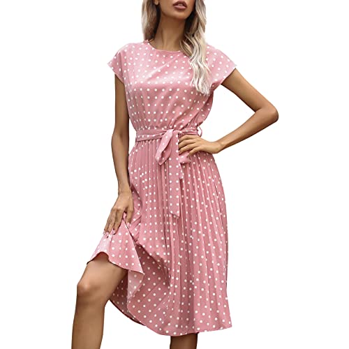 XIADUOBAAN Sommerkleid Damen Knielang Elegant Punkte Kleid Damen Sommer Kurzarm Sommerkleider Leicht Und Luftig Kleider Gepunktet Partykleid mit Gürtel Strandkleid Frauen Tailliert Plisseekleid von XIADUOBAAN