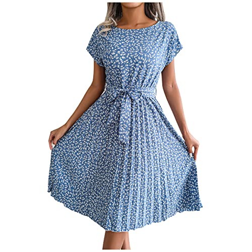 XIADUOBAAN Sommerkleid Damen Knielang Elegant Punkte Kleid Damen Sommer Kurzarm Sommerkleider Leicht Und Luftig Kleider Gepunktet Partykleid mit Gürtel Strandkleid Frauen Tailliert Plisseekleid von XIADUOBAAN