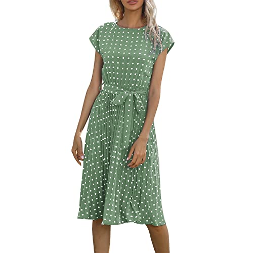 XIADUOBAAN Sommerkleid Damen Knielang Elegant Punkte Kleid Damen Sommer Kurzarm Sommerkleider Leicht Und Luftig Kleider Gepunktet Partykleid mit Gürtel Strandkleid Frauen Tailliert Plisseekleid von XIADUOBAAN