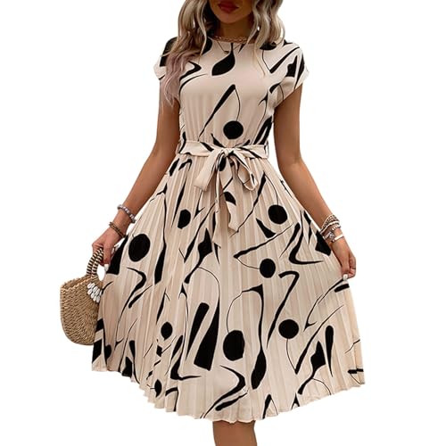 XIADUOBAAN Sommerkleid Damen Knielang Elegant Punkte Kleid Damen Sommer Kurzarm Sommerkleider Leicht Und Luftig Kleider Gepunktet Partykleid mit Gürtel Strandkleid Frauen Tailliert Plisseekleid von XIADUOBAAN