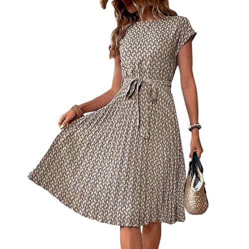 XIADUOBAAN Sommerkleid Damen Knielang Elegant Punkte Kleid Damen Sommer Kurzarm Sommerkleider Leicht Und Luftig Kleider Gepunktet Partykleid mit Gürtel Strandkleid Frauen Tailliert Plisseekleid von XIADUOBAAN