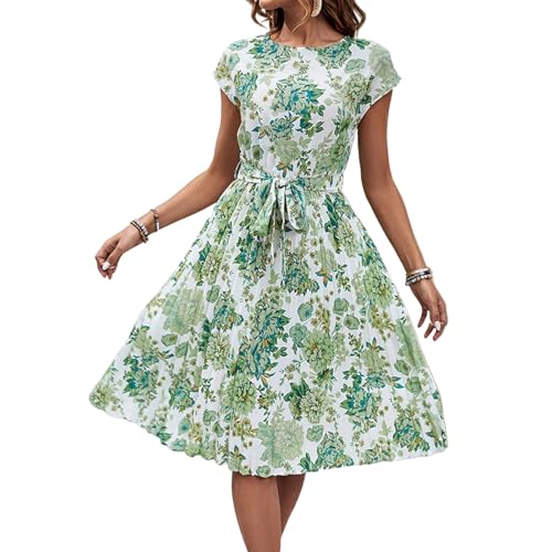 XIADUOBAAN Sommerkleid Damen Knielang Elegant Punkte Kleid Damen Sommer Kurzarm Sommerkleider Leicht Und Luftig Kleider Gepunktet Partykleid mit Gürtel Strandkleid Frauen Tailliert Plisseekleid von XIADUOBAAN