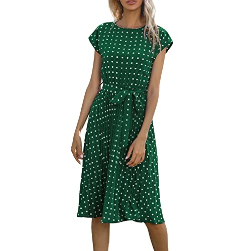 XIADUOBAAN Sommerkleid Damen Knielang Elegant Punkte Kleid Damen Sommer Kurzarm Sommerkleider Leicht Und Luftig Kleider Gepunktet Partykleid mit Gürtel Strandkleid Frauen Tailliert Plisseekleid von XIADUOBAAN