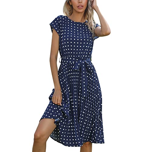 XIADUOBAAN Sommerkleid Damen Knielang Elegant Punkte Kleid Damen Sommer Kurzarm Sommerkleider Leicht Und Luftig Kleider Gepunktet Partykleid mit Gürtel Strandkleid Frauen Tailliert Plisseekleid von XIADUOBAAN