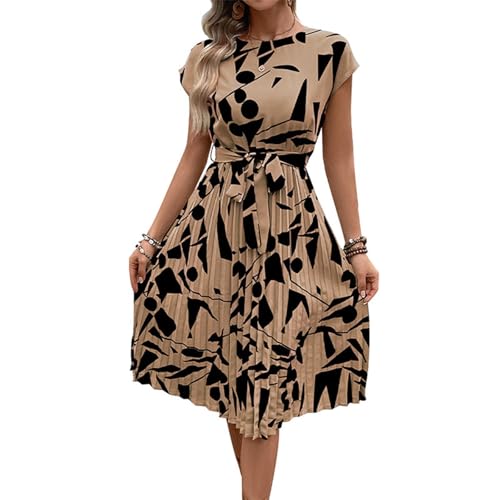 XIADUOBAAN Sommerkleid Damen Knielang Elegant Punkte Kleid Damen Sommer Kurzarm Sommerkleider Leicht Und Luftig Kleider Gepunktet Partykleid mit Gürtel Strandkleid Frauen Tailliert Plisseekleid von XIADUOBAAN
