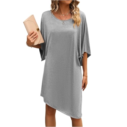 XIADUOBAAN Sommerkleid Damen Kurz Shirtkleid Damen Sommer Kleider Halbarm Oversize Tshirt Kleid mit Fledermausärmel Damenkleider Elegant Leichte Sommerkleider Einfarbig Asymmetrisch Midikleid von XIADUOBAAN