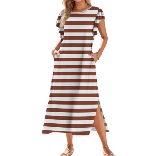 XIADUOBAAN Sommerkleid Damen Lang Elegant Tshirt Kleid Damen Sommer Maxikleid mit Schlitz Shirtkleid Gestreift Locker Tunika Kleid mit Taschen Frauen Sommer Strandkleid Volantärmeln Freizeitkleid von XIADUOBAAN