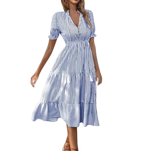 XIADUOBAAN Sommerkleid Damen Lang Gestreift Blusenkleid Damen Hohe Taille Tunika Kleid Rüschen Sommerkleider Leicht Und Luftig Tailliert Kleider Frauen Sommer V Ausschnitt Kurzarm Maxikleid von XIADUOBAAN