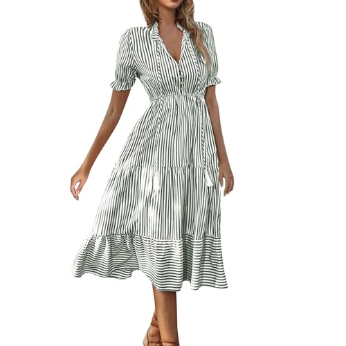 XIADUOBAAN Sommerkleid Damen Lang Gestreift Blusenkleid Damen Hohe Taille Tunika Kleid Rüschen Sommerkleider Leicht Und Luftig Tailliert Kleider Frauen Sommer V Ausschnitt Kurzarm Maxikleid von XIADUOBAAN