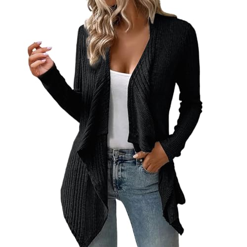 XIADUOBAAN Strick Cardigan Damen Lang Asymmetrisch Strickjacken für Damen Mit Wasserfallkragen Mode Langarm Strickjacke Damen Einfarbig Elegant Winterjacke Damen Zopfmuster Strickmantel Damen Schöne von XIADUOBAAN