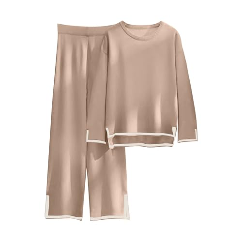 XIADUOBAAN Strick Hausanzug Damen Kuschelig 2 Teiler Mit Schlitz Jogginganzug Damen Warm Winter Einfarbig Sweatshirt Damen Langarm Lang Jogginghose Damen Mit Taschen Freizeitanzug Damen Elegant von XIADUOBAAN