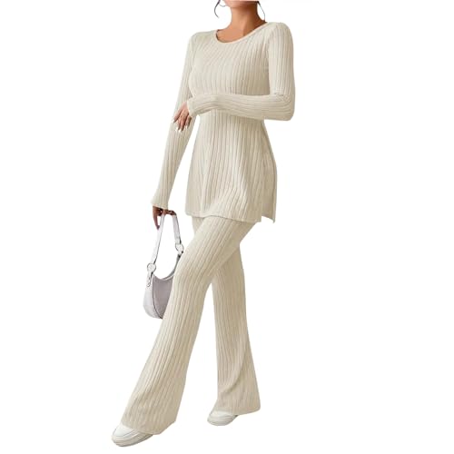 XIADUOBAAN Strickanzug Damen 2 Stück Hausanzug Damen Kuschelig Langarm Gestreift Strickpullover Mit Schlitz Und Lange Jogginghose Zweiteilige Jogginganzug Damen Warm Winter Einfarbig Freizeitanzug von XIADUOBAAN