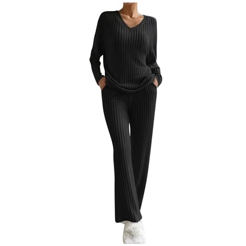 XIADUOBAAN Strickanzug Damen Zweiteiler Langarm V Ausschnitt Gerippt Strickpullover Und Lange Jogginghose Schlaghose Freizeit Outfit Einfarbig Hausanzug Damen Kuschelig Jogginganzug Damen Warm Winter von XIADUOBAAN