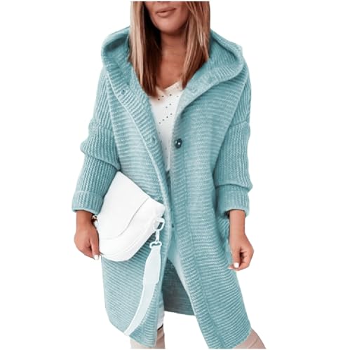 XIADUOBAAN Strickjacke Damen Lang Mit Kapuze Strickjacken für Damen Langarm Mit Knöpfen Mode Strick Cardigan Casual Sweatjacke Damen Einfarbig Strickmantel Herbst Elegant Winterjacke Damen Outdoor von XIADUOBAAN