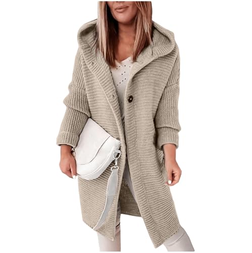 XIADUOBAAN Strickjacke Damen Lang Mit Kapuze Strickjacken für Damen Langarm Mit Knöpfen Mode Strick Cardigan Casual Sweatjacke Damen Einfarbig Strickmantel Herbst Elegant Winterjacke Damen Outdoor von XIADUOBAAN