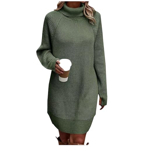 XIADUOBAAN Strickkleid Damen Knielang Rollkragen Winterkleid Damen Langarm Warm Pulloverkleid Damen Grobstrick Einfarbig Sweatkleid Damen Lässig Elegant Strickkleider Damen Herbst Schöne Asymmetrisch von XIADUOBAAN