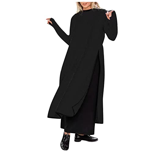 XIADUOBAAN Sweatkleid Lang Mit Schlitz Pulloverkleid Langarm Sexy Elegant Strickkleid Einfarbig Luftig Winterkleid Warm Mode Locker Kleider Damen Herbst Winter Schöne von XIADUOBAAN