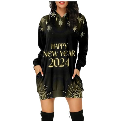 XIADUOBAAN Weihnachtskleid Damen,Merry Christmas Hoodie Kleid Damen Kurz Langarm Weihnachtskleider Mit Taschen Weihnachtspullover 2024 New Year Print Sweatkleid Damen Kapuzenpullover Schwarz Kleid von XIADUOBAAN