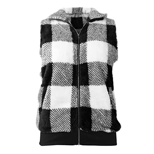 XIADUOBAAN Weste Damen Kurz Kariert Fleece Soft Fleece-Weste Ärmellose Reissverschluss Mit Taschen Weste Jacke Damen Elegant Warm Winter Damenweste Teddy Mode Zweifarbig Westen Tops Gefüttert Outdoor von XIADUOBAAN