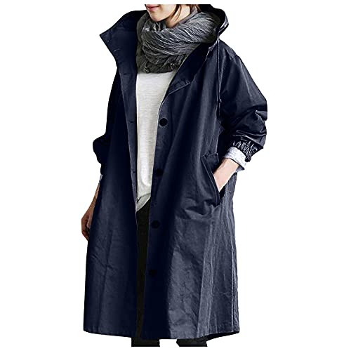 XIADUOBAAN Windjacke Damen Lang Wasserdicht Atmungsaktiv Regenjacke Damen Leicht Langarm Mit Kapuze Sweatjacke Damen Stehkragen Outdoorjacke Mit Knöpfen Regenmantel Damen 18XL Mit Taschen Einfarbig von XIADUOBAAN