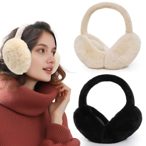 XIANGLONGY 2 Stück Plüsch Ohrenwärmer Damen, Faltbare Flauschige Ohrenwärmer Schwarz und Beige, Bequemer Weicher Ohrschützer Erwachsene Winter Reiten Warme für Damen und Herren von XIANGLONGY