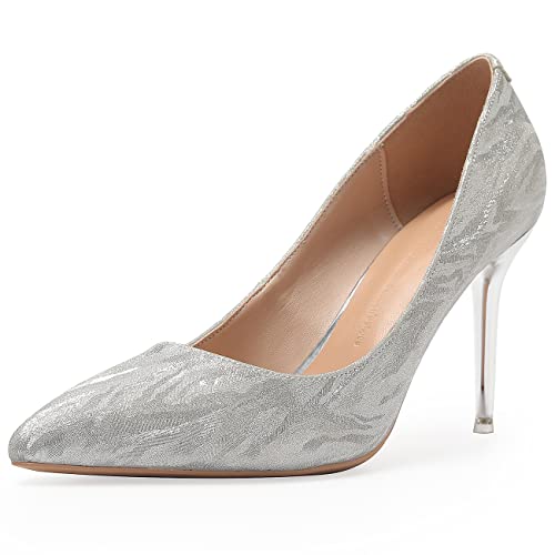 XIANGLV Damen-Pumps mit spitzem Zehenbereich, sexy, zum Reinschlüpfen, Stiletto, Partyschuhe, Hochzeitsschuhe, Brautjungfer, Glitzer-Schuhe, 9 cm, silber, 34.5 EU von XIANGLV