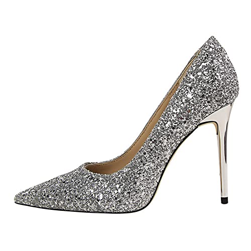 XIANGLV Damen Stiletto Sexy High Heels Spitze Zehen Slip On Pumps Party Abschlussball Hochzeit Braut Anlass Absatz Mode Glitzernde Absätze 8 cm, silber, 42 EU von XIANGLV