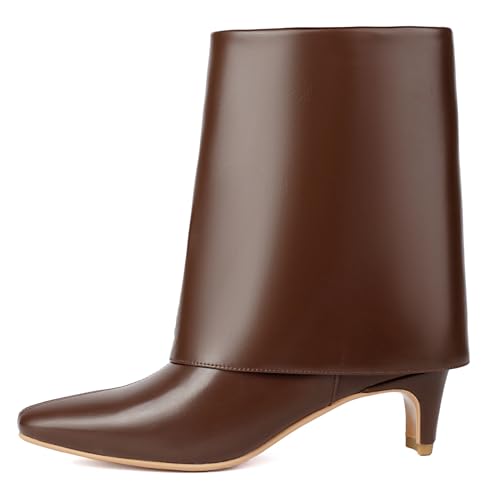 XIANGZU Damen Fold Over Boots Mid Wide Calf Boots Pull On Low Heel Shark Boots, Braun, 38 EU von XIANGZU