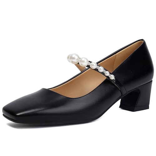 XIANGZU Elegante Schuhe für Damen, bequem, quadratischer Zehenbereich, niedrige Blockabsätze, Perlen-Pumps, Schwarz, 41 EU von XIANGZU