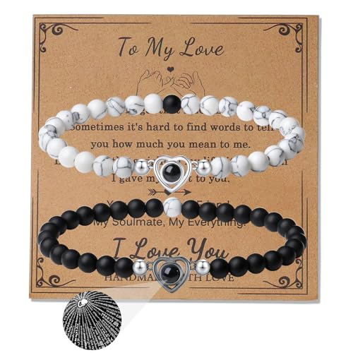 XIANNVXI 2 Stück Couple Armband Damen Herren Kristalle Matching Bracelets Partner Armbänder Naturstein Stretch 100 Sprachen Liebhaber Beziehung Geschenk (Lava Rock & Weißer Türkis) von XIANNVXI