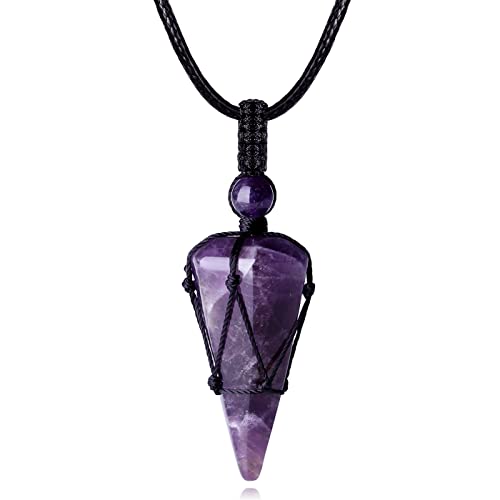 XIANNVXI Amethyst Kette Herren Sechseckiger Kristalle Anhänger Ketten Polierte Edelsteine Einstellbare Schwarzes Lederseil Reiki Steine Halskette Damen Schmuck Papa Geschenke für Männer von XIANNVXI