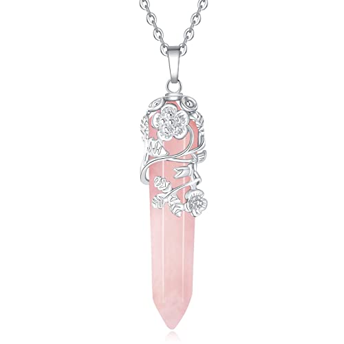 XIANNVXI Blume Rose Anhänger Halskette für Frauen Rosenquarz Punkt Mutter Heilung Kristall Stein Halsketten Spirituellen Natürlichen Reiki Schmuck Ggeschenk Mama von XIANNVXI