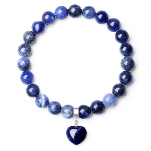 XIANNVXI Herz Armband Damen Blauer Sodalith Stein Armband Heilsteine 8mm Blauer Perlen Edelstein Armbänder Glücksarmband Schmuck Geburtstagsgeschenk für Frauen von XIANNVXI