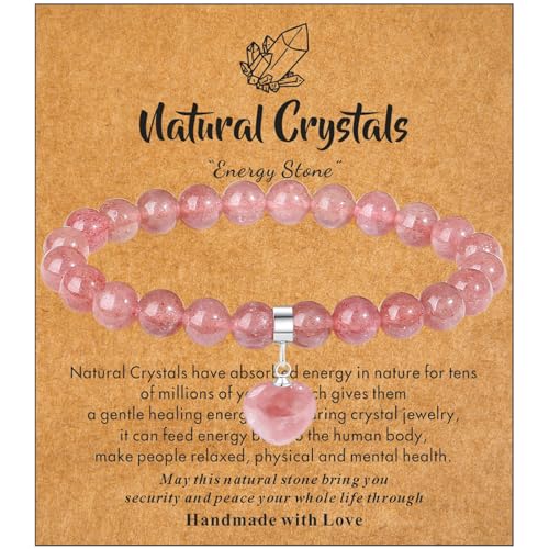 XIANNVXI Herz Armband Damen Erdbeerquarz Stein Armband Heilsteine Armband 8mm Perlen Edelstein Armbänder Glücksarmband Schmuck Mama Geburtstagsgeschenk für Frauen von XIANNVXI