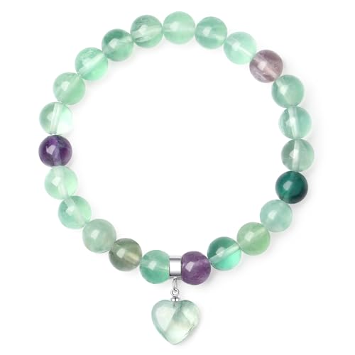 XIANNVXI Fluorit Stein Herz Armband Damen Heilsteine Armband 8mm Perlen Edelstein Armbänder Glücksarmband Schmuck Geburtstagsgeschenk für Frauen von XIANNVXI