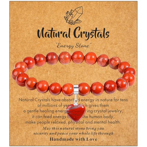 XIANNVXI Herz Armband Damen Roter Jaspis Stein Armband Heilsteine Armband 8mm Perlen Edelstein Armbänder Glücksarmband Schmuck Mama Geburtstagsgeschenk für Frauen von XIANNVXI