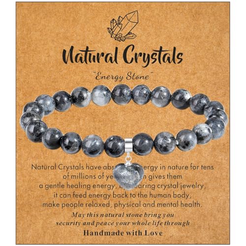 XIANNVXI Damen Herz Armband Schwarz Labradorit Stein Armband 8mm Perlen Edelstein Armbänder Glücksarmband Schmuck Mama Geburtstagsgeschenk für Frauen von XIANNVXI