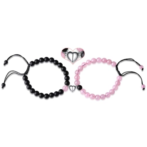 XIANNVXI Partnerarmbänder Pärchen Armband Perlen Partner Armbänder Kristalle Geschenke für Frauen Männer Herz Matching Bracelets Einstellbar Geflochtene Schnur（Lava Rock & Rosenquarz） von XIANNVXI