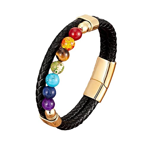 XIANRENGE 7 Chakra-Perlen-Armband-Naturstein-Perlen-Armband-Herren-Armband-Klassische Schwarze Leder-Armbänder Für Frauen-Mode-Schmuck-Geschenk-Paar-Armband,Schwarz,21Cm von XIANRENGE