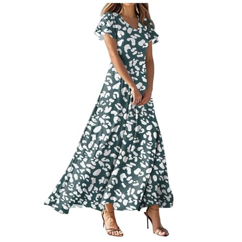 Sommerkleid Damen Boho Lang Rüschen Kuzarm Strandkleid V-Ausschnitt Maxikleid A Linie Kleider Hoch Taillie Freizeitkleider Schön Einzigartig Tunikakleid (XXL) von XIANUOJI